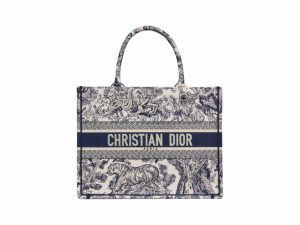 Dior Book Tote Rep Bag Medium Tiger Embroidery Blue