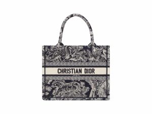 Dior Book Tote Rep Bag Small Tiger Embroidery Deep Blue