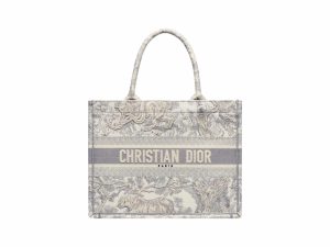Dior Book Tote Rep Bag Medium Tiger Embroidery Grey