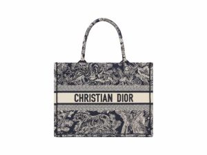 Dior Book Tote Rep Bag Medium Tiger Embroidery Deep Blue